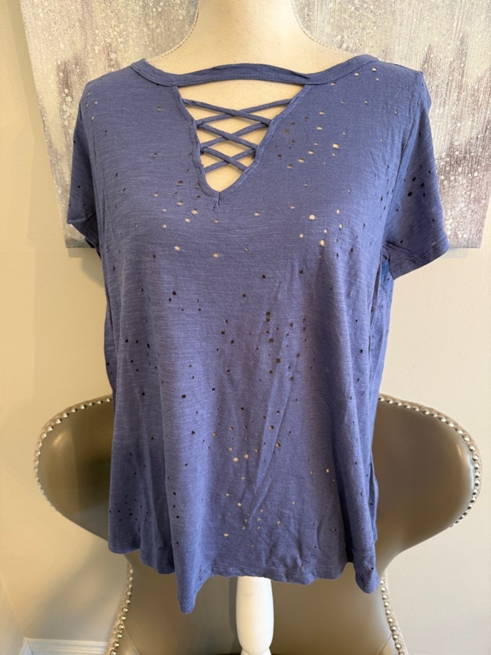 Women's Distressed Crisscross V-Neck Top - Blue